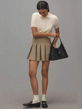 En Saison Khaki Preppy Pleat Skater Skirt Pin Stripe Medium